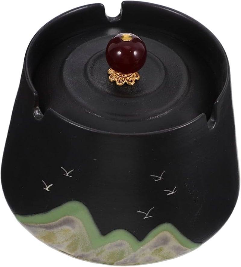 Hand Painted Ceramic Ashtray with Lid Windproof Design for Indoor Outdoor Use - Image 1